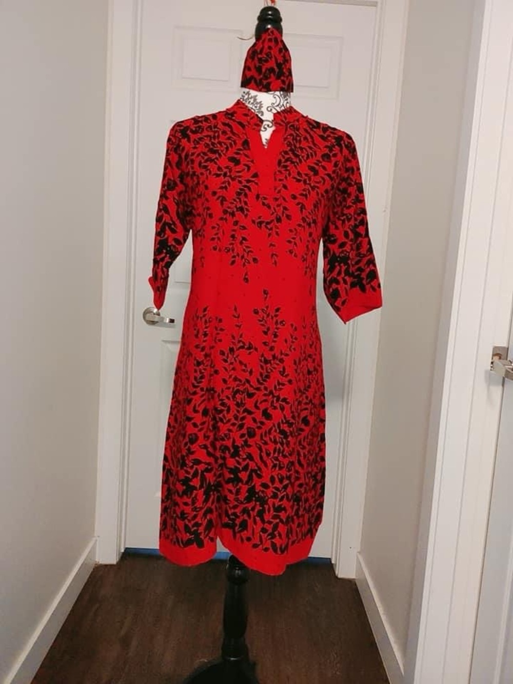 Women's Red Long-Sleeve V-Neck Dress with Black Floral Print